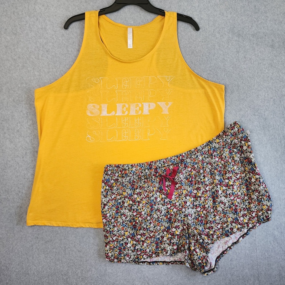 Cacique Pajama Set Womens 22/24 Yellow Sleepy Graphic Tank Floral Shorts Lounge